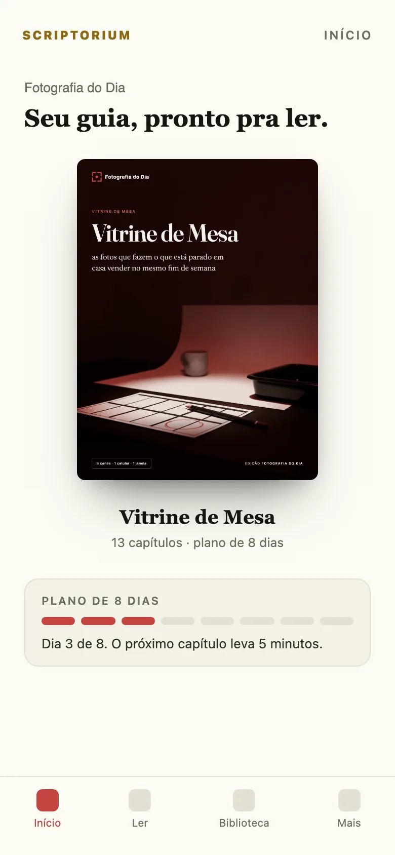 O guia Vitrine de Mesa aberto no app